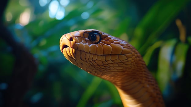 Jungle Snake Head Closeup, Tropical Foliage Background, Wildlife Documentary photo