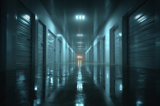 An empty hallway with dark lighting and doors photo