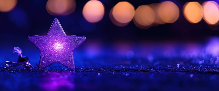 Glowing star on glitter, bokeh lights background photo