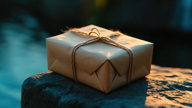 Rustic gift, nature backdrop, sunset, delivery, online shopping photo
