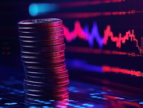Crypto coins stack, market graph, digital finance photo