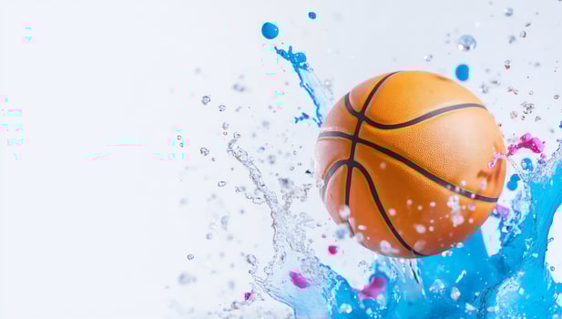 Basketball mid air surrounded by vibrant water and liquid splashes creative sports concept photo