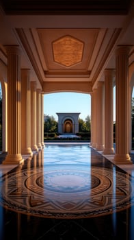 Colonnade reflecting pool, serene temple view, sunrise photo