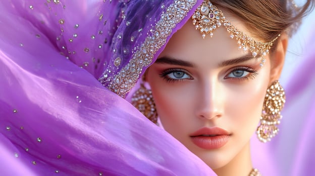 Elegant woman in purple veil and jewelry close up photo