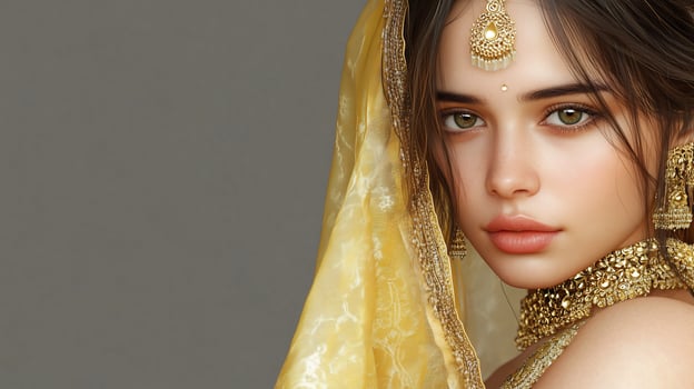 Woman with golden jewelry veil and decorative headpiece fashion and elegance photo