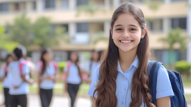 Smiling student with backpack on school campus education and youth photo