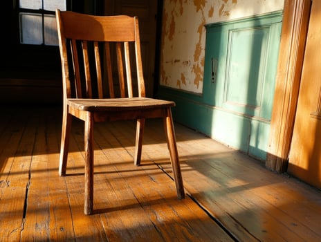 Rustic chair, sunlit room, peeling wall, historical building, interior design photo