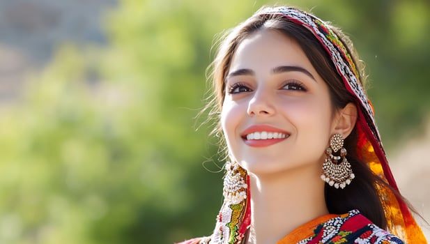 Smiling woman in traditional headscarf fashion portrait photo