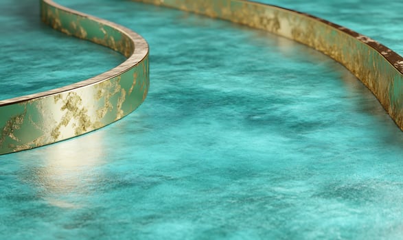 Golden curves on turquoise abstract metal texture background design photo