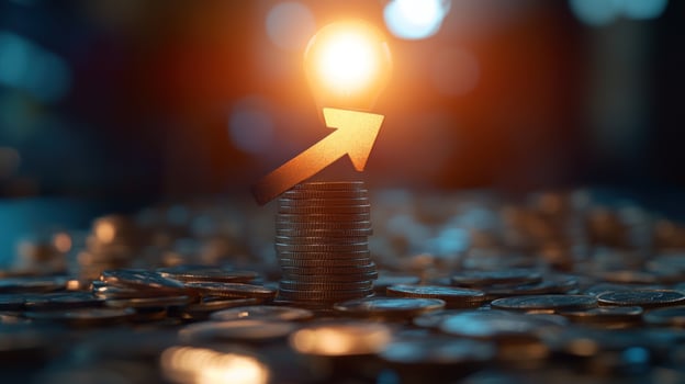 Cityscape night growth, finance, upward trend, coins, success photo