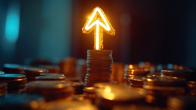 Glowing up arrow on coins, financial growth photo