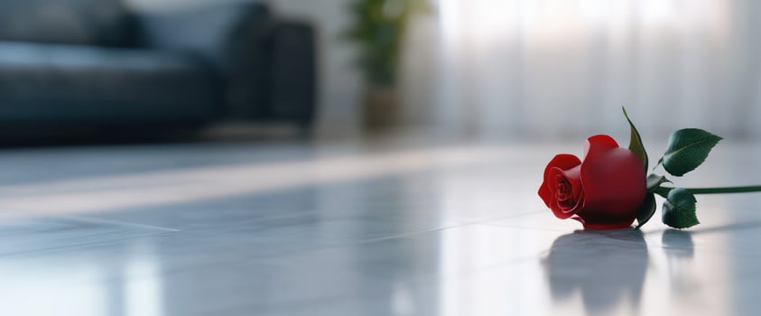 Single red rose on floor, modern living room, sunlight photo