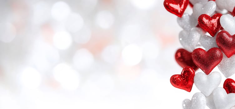 Decorative red and white hearts arrangement with bokeh background for celebration photo