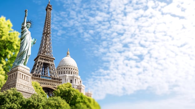 World landmarks travel destinations and famous architecture against blue sky photo