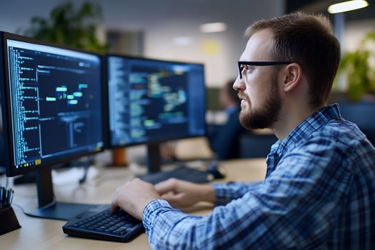 Software developer working at computer with code on screens photo