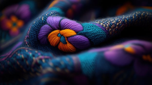 Embroidered textile, floral pattern, closeup, dark background, fabric design photo