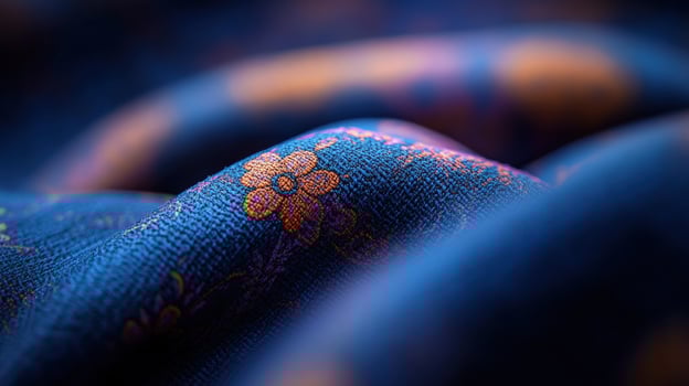 Blue floral fabric texture, closeup, draped, studio photo