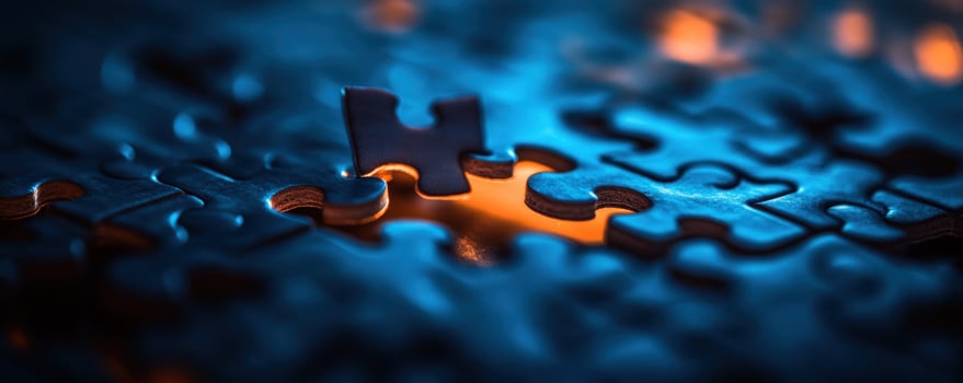 Jigsaw puzzle piece above nearly complete puzzle, dark blue tones, orange background blur, solution concept photo