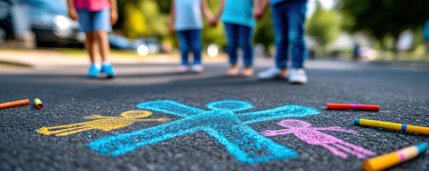 Children's Chalk Drawing on Street, Neighborhood Background photo