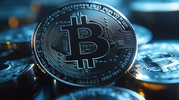 Closeup Bitcoin, digital currency, dark background, finance photo