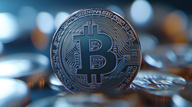 Bitcoin, digital currency, closeup, bokeh background, finance photo