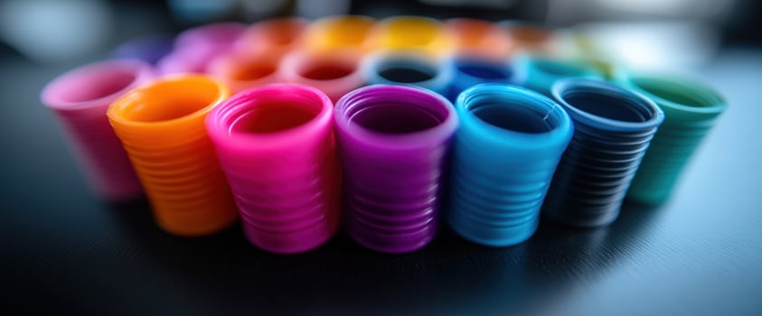 Colorful plastic cylinders arranged on dark surface, blurred background, product display photo