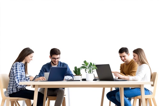 Diverse team collaboration in modern office with laptops photo