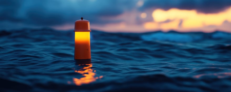 Illuminated buoy floats on ocean waves at sunset photo