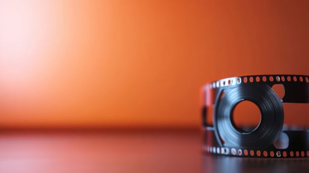 Film reel on table, orange background, nostalgia photo