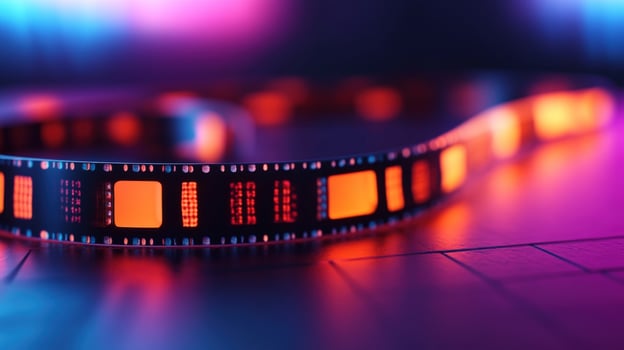 Illuminated film reel on blueprint, vibrant background photo