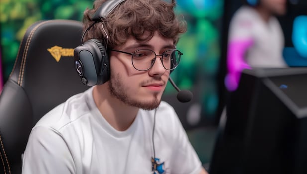 Focused young man using computer and headset for online gaming and communication photo