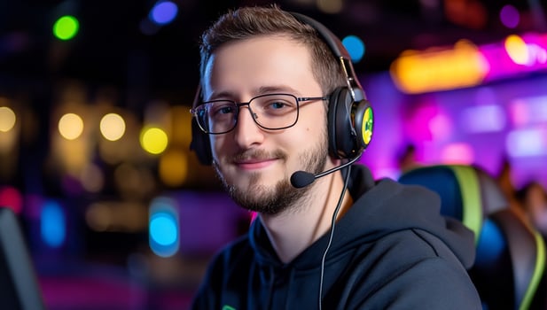 Young man wearing headset and glasses for online communication or gaming photo