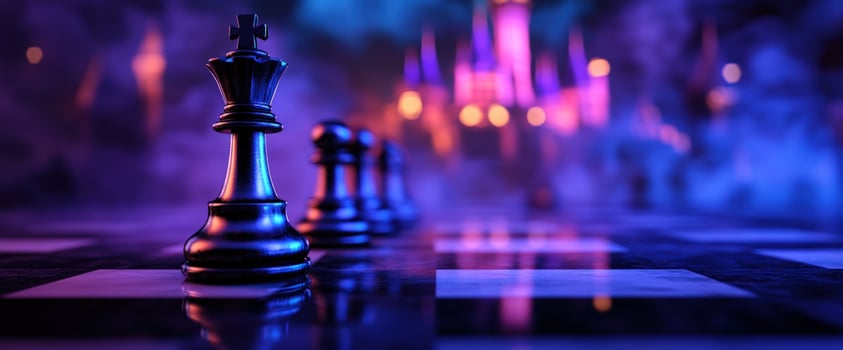 Chess pieces on board, city lights, strategy game photo
