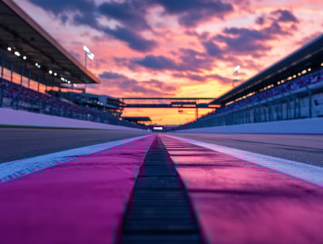 Sunset race track asphalt, grandstands, vibrant sky photo