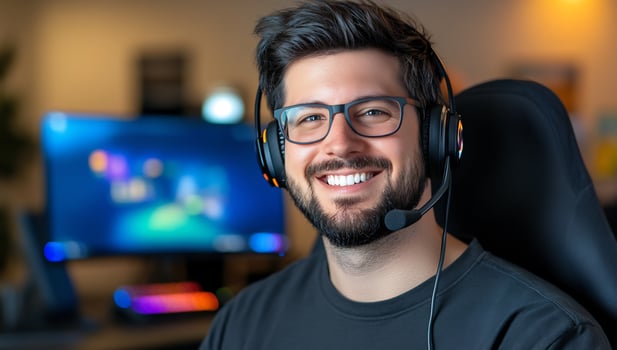 Smiling man with headset playing game on computer enjoying online entertainment and digital communication photo
