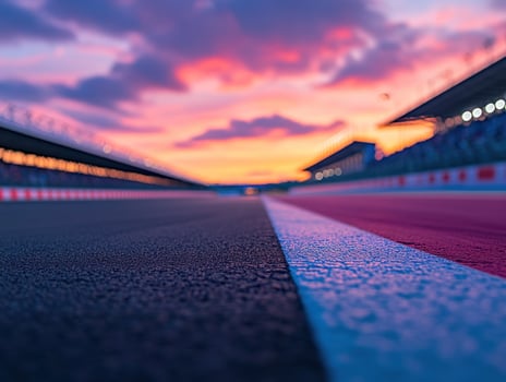 Sunset race track asphalt, grandstand, vibrant sky photo