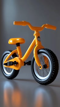 Yellow balance bike studio shot, grey backdrop photo