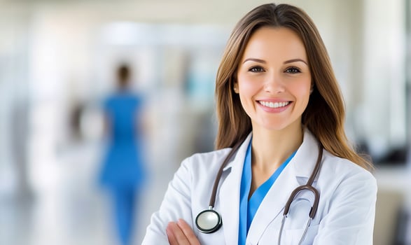 Healthcare professional portrait smiling doctor in white coat with stethoscope photo