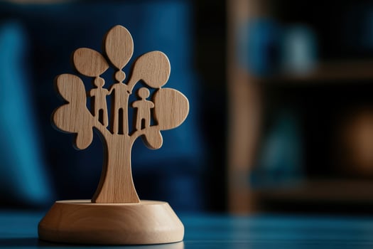 Wooden family tree home decor, blue background photo