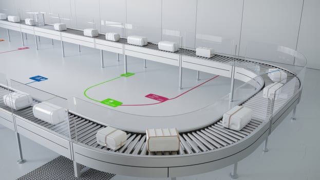 Minimalist conveyor system design with clear bags in modern setting photo