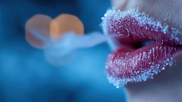 Woman's lips, sugar crystals, exhale, bokeh, winter photo