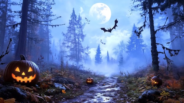 Halloween night forest scene with jack o lanterns and moon photo
