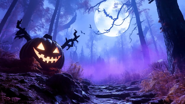 Spooky halloween jack o lantern in forest under moon photo