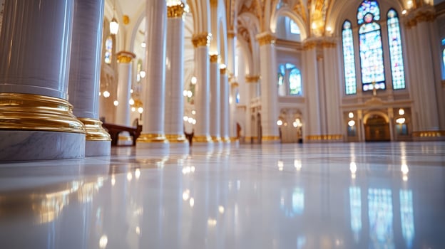 Marble floor, gold columns, church interior, stained glass, peaceful worship photo