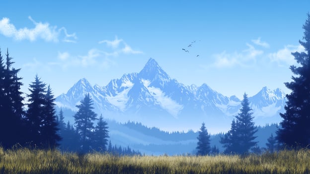 Majestic mountain landscape scene illustration with snow and forest scenery photo