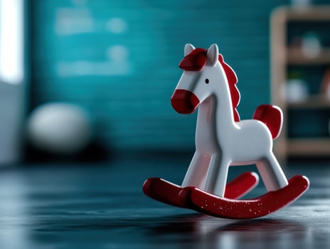 Child's rocking horse in playroom, teal wall photo