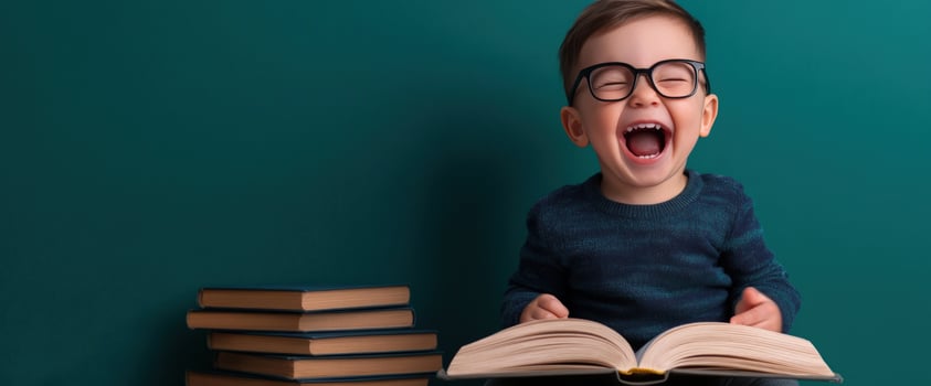Happy toddler reading book, teal background, book stack photo
