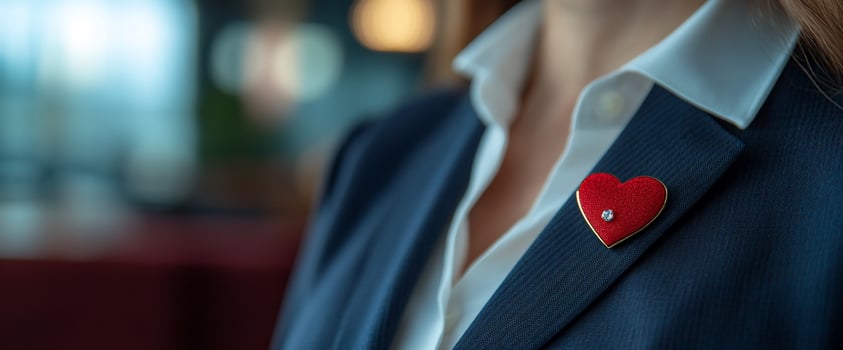 Red heart pin on suit, office background photo