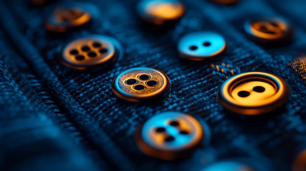 Denim buttons closeup, studio lighting, textured fabric, apparel detail photo