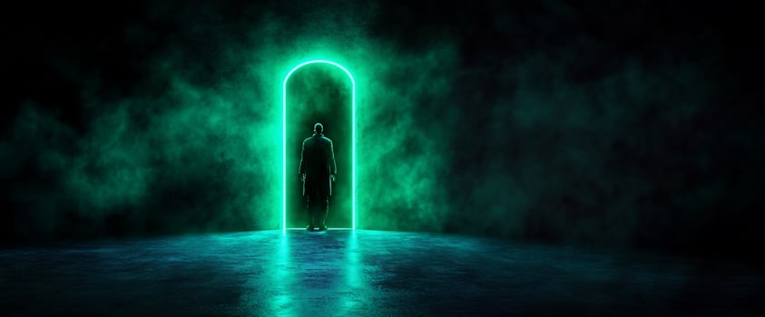 Futuristic portal Man in smoky neon archway photo